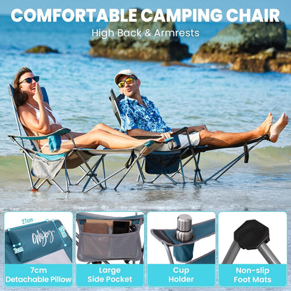 #WEJOY 2-in-1 campingstoel, opvouwbaar, 180 kg, met voetsteun, strandstoel met 4-voudig verstelbare rugleuning, relaxstoel, ligstoel met bekerhouder, ligstoel voor outdoor, camping, cyaan/grijs, set