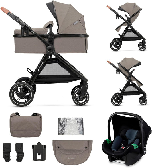 Kinderkraft ESME Mink Pro I-Size 3-in-1 autostoel met draagzak, reissysteem, babybuggy, opvouwbare kinderwagen, voor pasgeborenen tot 4 jaar, beige