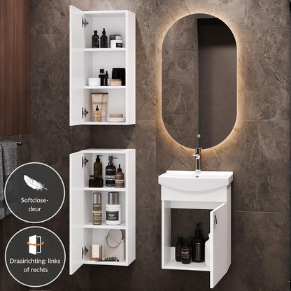 Planetmöbel Bathroom Cabinet Set Wash Basin with Bath Furniture 45 x 60 x 33 cm, Mirror with Lighting 50 x 90 cm, 2X Midi Cabinets for Bathroom & Guest Toilet, White - QUORE
