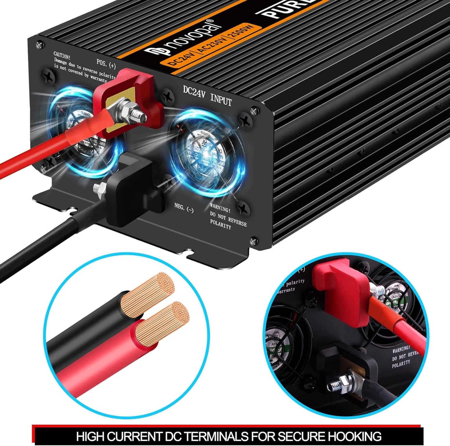 Zuivere sinusomvormer – Spanningsomvormer – Auto-omvormer – Camper-omvormer – 24V DC naar 230V/240V omvormer – 2500 W continu vermogen, 5000 W piekvermogen – 2 AC-Stopcontacten en 5 m afstandsbediening