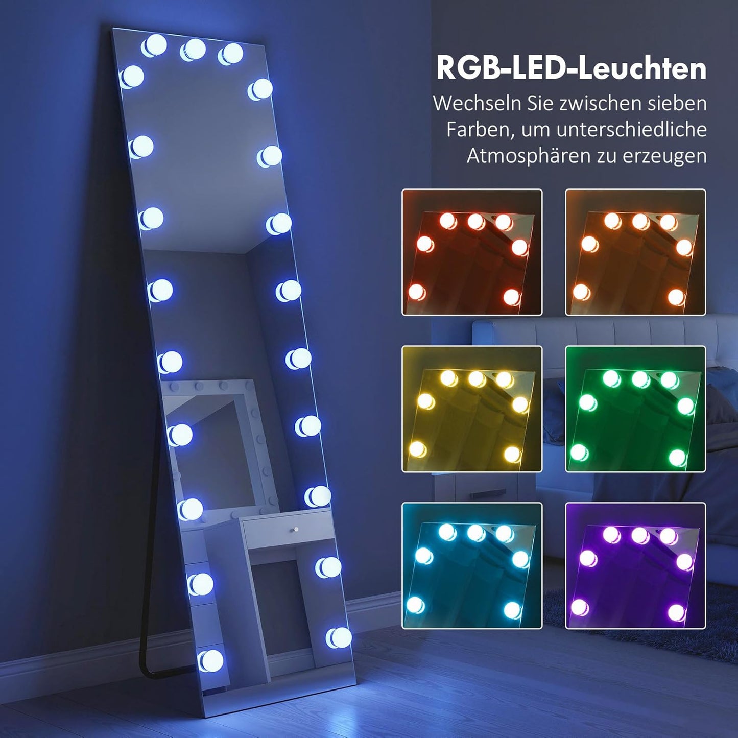 XL Spiegel – Staande Spiegel – Randloze Spiegel – Volledige Lengte Spiegel – Hollywood Spiegel – RGB LED Verlichting – Gehard Glas 150x40 cm