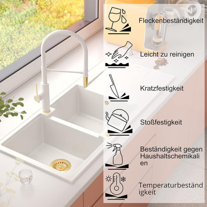 QUADRON Dubbele spoelbak wit, EVAN 121 GraniteQ, keukenspoelbak, 2 granieten bakken 1160 x 500 x 210 mm, open spoelbak Push 2 met sifon met afdruiprek, PVD-koperen elementen