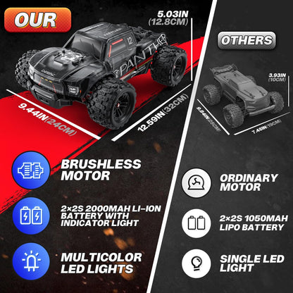 DEERC Op afstand bestuurde auto, 1:14, borstelloze motor, 75 km/u, 4WD RC monstertruck met gekleurd licht, 2 accu's, 2,4 GHz all-terrain raceauto, crawler speelgoed, cadeau voor kinderen