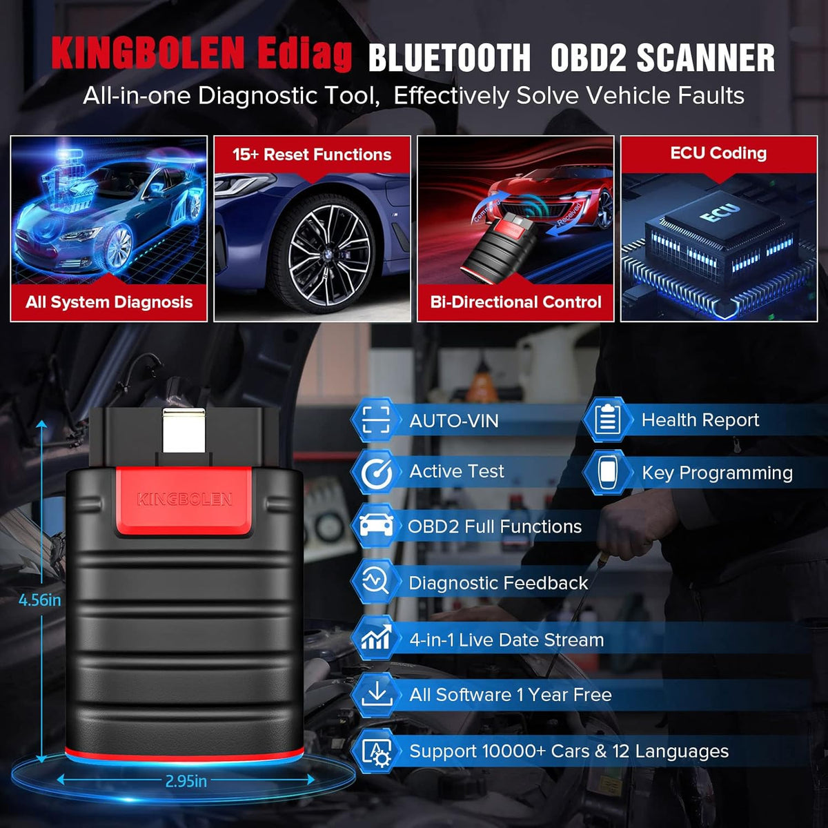 KINGBOLEN Ediag OBD2 Scanner Bluetooth, volledig systeem draadloze autoscanner met actieve tests, ECU-codering, 16 resets, olie/rem/EPB/TPMS, DPF-regeneratietool 1 jaar gratis update.