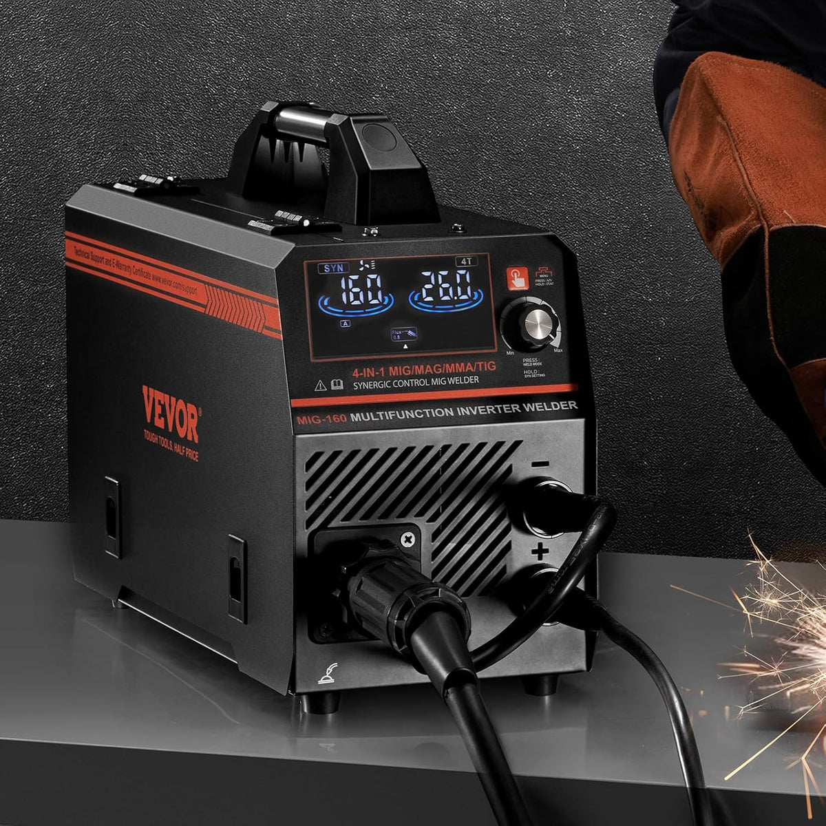VEVOR MIG Soldering Station, 160 A, Syergetic Welding Machine, Portable Multi-Process, MIG, Gas Free, MMA Lift TIG, 4-in-1, Powerful Welder with IGBT Inverter Technology, LCD Display