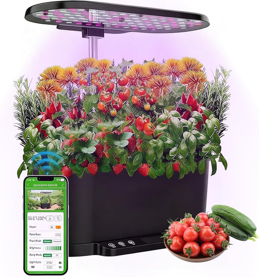 WiFi hydrocultuur kweeksysteem, 15 hulzen Smart Herb Garden Kit voor binnen, tuin met 36 W led-groeilicht, 5,5 l watertank, pompsysteem, automatische timer, zwart