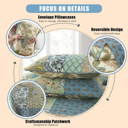 NEWLAKE Bedsprei Quilt Set met Echt gestikt Borduurwerk, Boheemse Bloemen Patroon, King Size