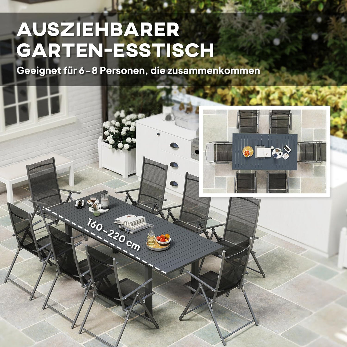 Outsunny Gartentisch Erweitert Aluminium 160/220x90cm Wetterfest Balcony, rutschfest Buffettisch Camping for 6-8 Persons, Outdoor Essisch für Garten, Terrasse Balcony Grau - QUORE