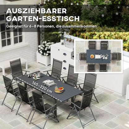 Outsunny Gartentisch Erweitert Aluminium 160/220x90cm Wetterfest Balcony, rutschfest Buffettisch Camping for 6-8 Persons, Outdoor Essisch für Garten, Terrasse Balcony Grau - QUORE