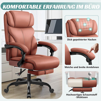 Bureaustoel – Bureaustoel Ergonomisch – Bureaustoel Met Voetensteun – Managersstoel – Werkstoel – Mat Bruin Kunstleer – Grote Hoge Zitting – Kantelfunctie En Hoogteverstelling