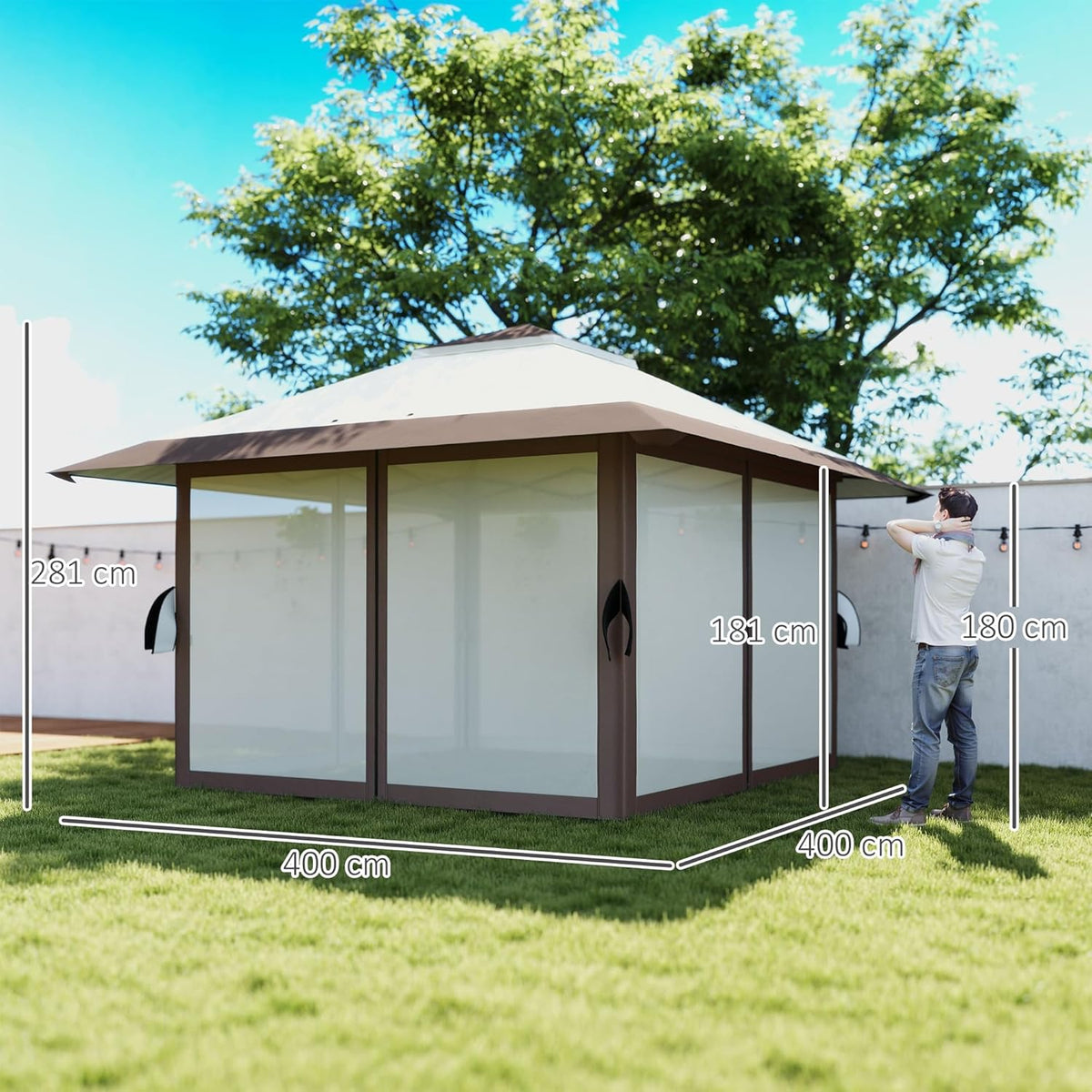 Outsunny Pavillon 4x4m Wasserdicht Höhenverstellbar Pop-up Faltpavillon mit Netzwänden UV 50+ Faltbar Partyzelt Gartenzelt mit Tragetasche Sandsäcke Gartenpavillon für Camping Garten Festival, Beige - QUORE