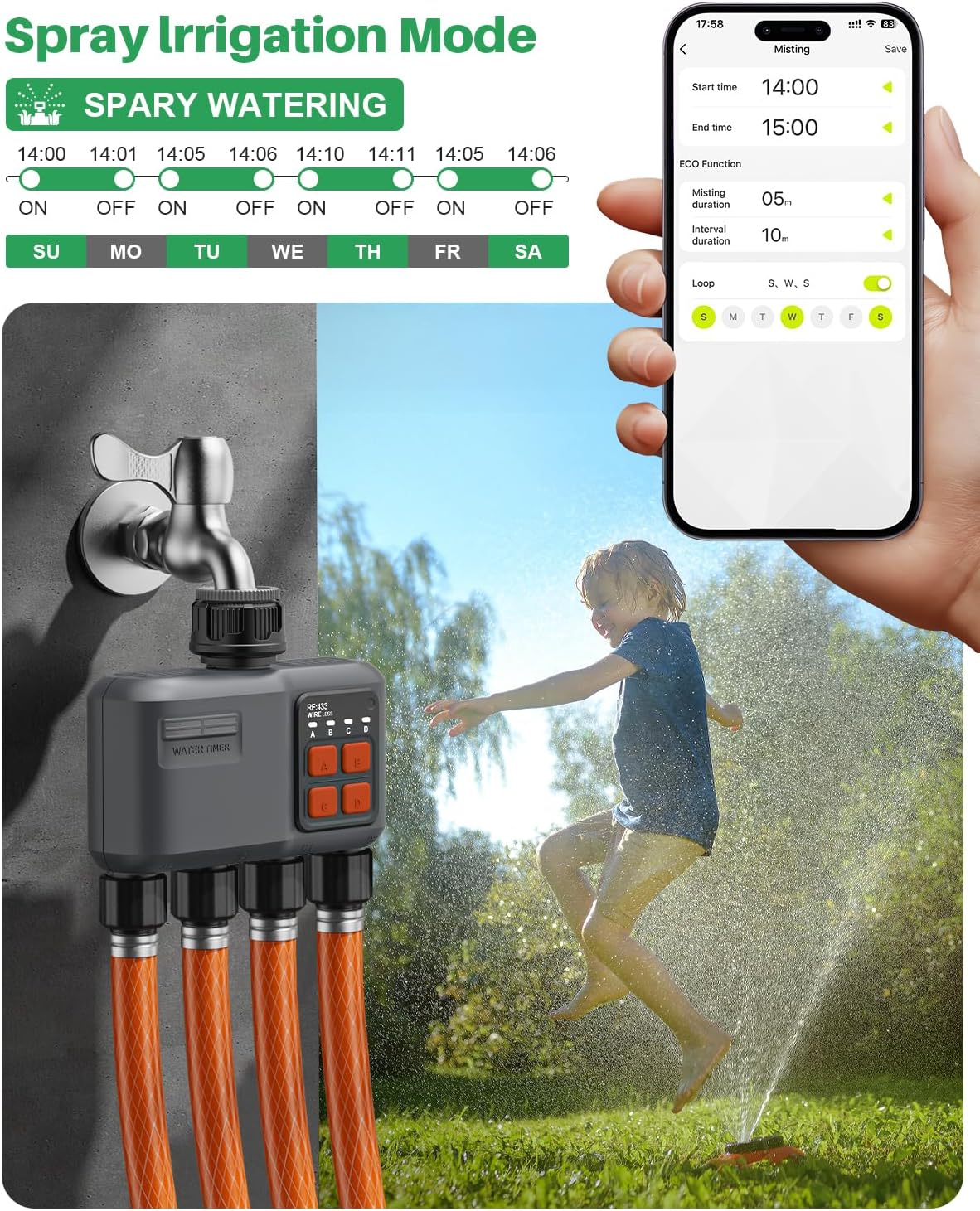 Wifi-irrigatieprogrammeerder, 4 uitgangen met gateway, RF-technologie 300 m, automatische irrigatietimer voor tuinirrigatie, compatibel met Alexa en Smart Life app