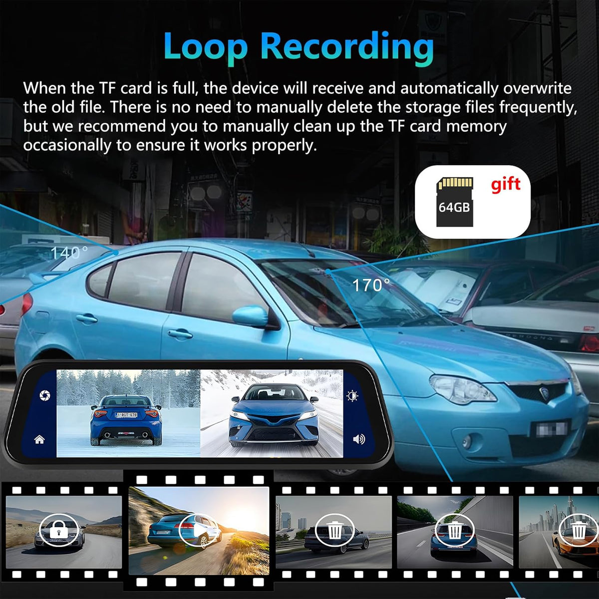Podofo Mirror Dashcam met draadloze Carplay, Android Auto met HD achteruitrijcamera 9,66 inch IPS touchscreen Dual 1080P achteruitkijkspiegel Dashcam Dash Cam auto, 2 gedeelde schermen, Bluetooth