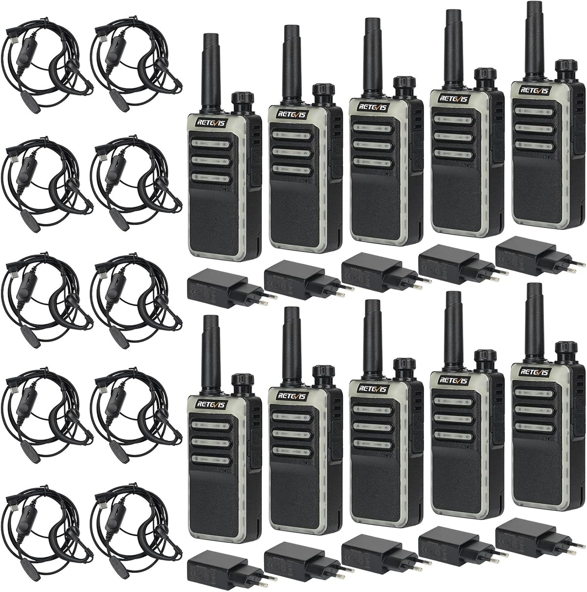 Retevis RB666 Walkie Talkie Professional, PMR446 Draadloze Kloon Portofoon Oplaadbare Snellader, VOX Draagbare Walkietalkie met Oortjes voor School, Hotel (10 Stuks, Zwart)