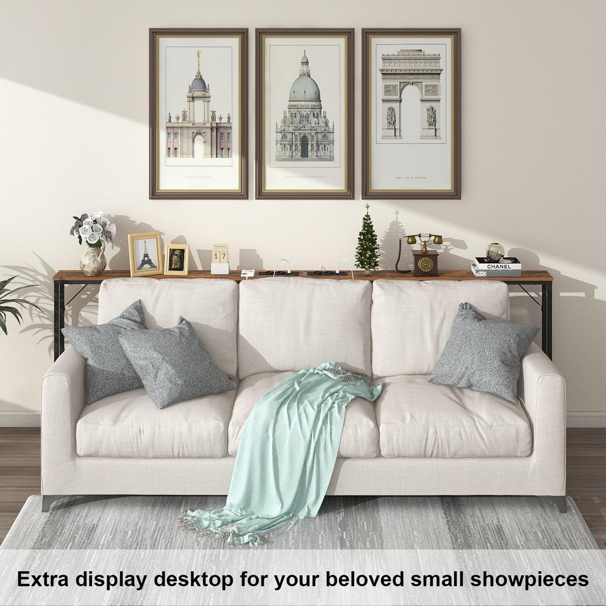 VEDECASA 15 cm smalle consoletafels, 2 sets, met stopcontact en USB-poorten, smalle haltafel, bijzettafel, ingangstafel, dressoir voor entree, woonkamer, hal, kantoor, stabiel stalen frame,