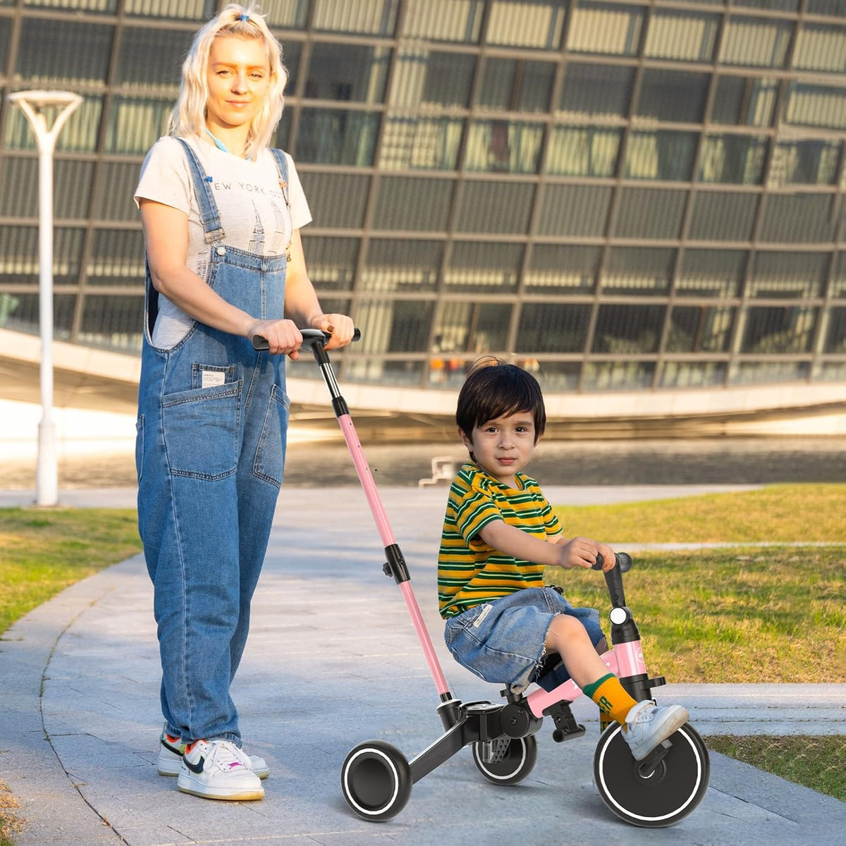 XJD 5-in-1 driewieler, loopfiets vanaf 1 jaar met duwstang voor kinderen vanaf 1 - 4 jaar, loopfiets met afneembare pedalen en verstelbare zitting, kinderdriewieler, babyfiets (roze)