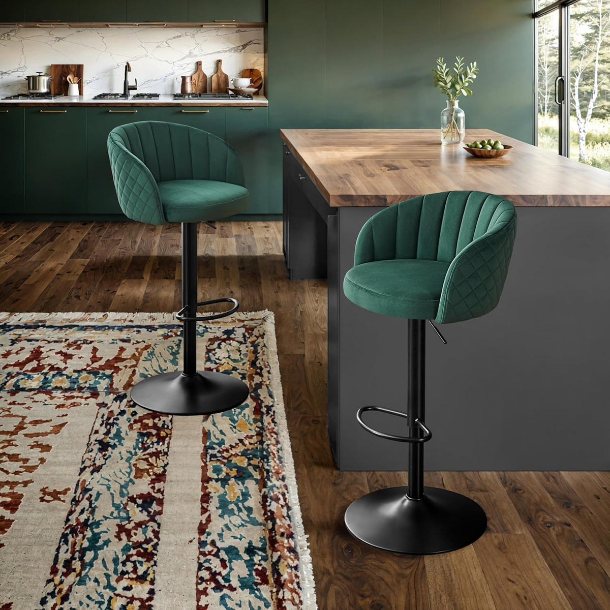 Bar Stool Height Adjustable Set of 2 Bar Stool Milk Velvet Fabric, Bar Chairs with Backrest and Armrest Bar Chair 360° Rotatable, Adjustable Bar Stools, Bar Chair Resilient 150kg-Green - QUORE