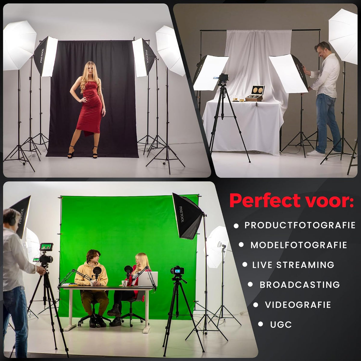 Green screen (3 x 3 m) met Achtergrondsysteem (3 x 2,6 m) - Fotostudio Set - Inc.Wit en Zwart achtergronddoek, Softbox, Paraplu’s, Lamphouders, LED lampen, Reflectiescherm & Draagtas