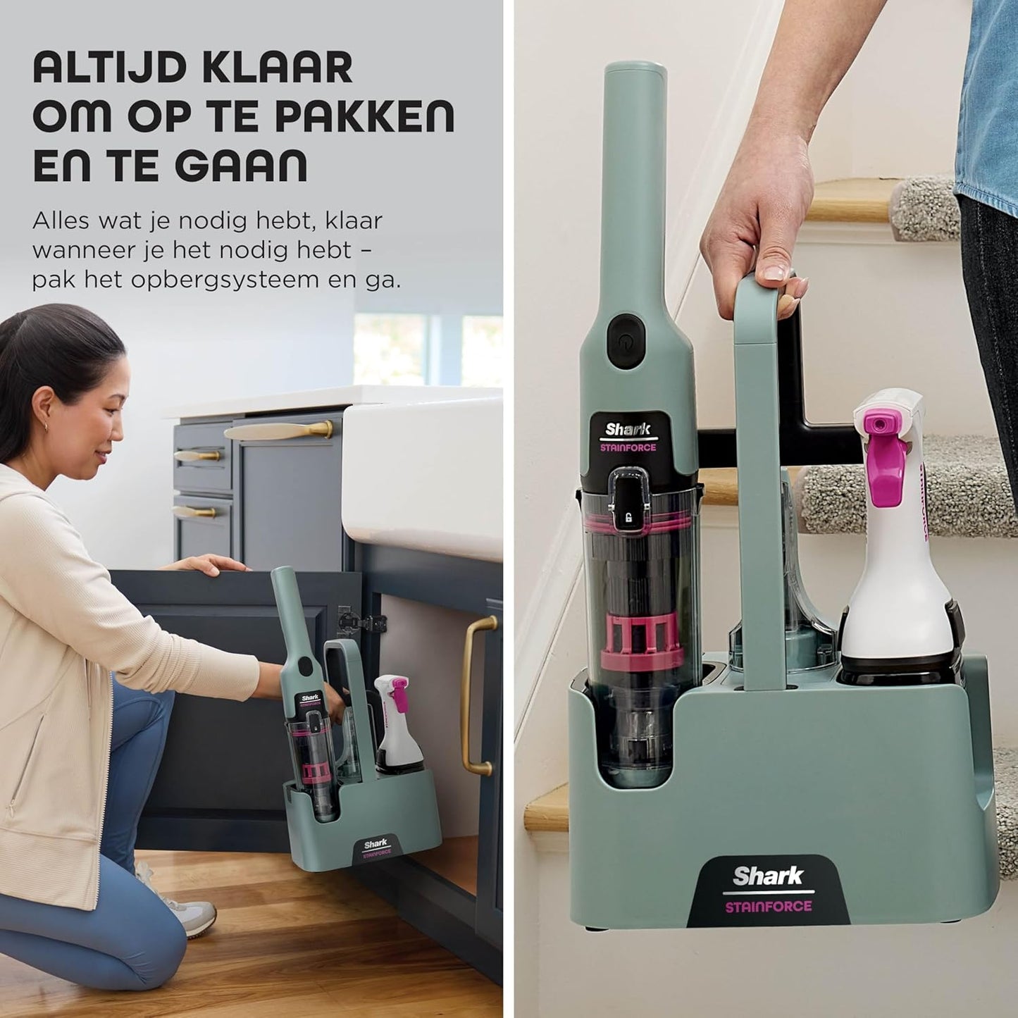Shark StainForce snoerloze vlekkenverwijderaar, lichtgewicht en draagbare vlekkenverwijderaar voor tapijten, bekleding, trappen, auto's, met opvangbak, accessoires en 2x reinigingsoplossing, HX100EUCP