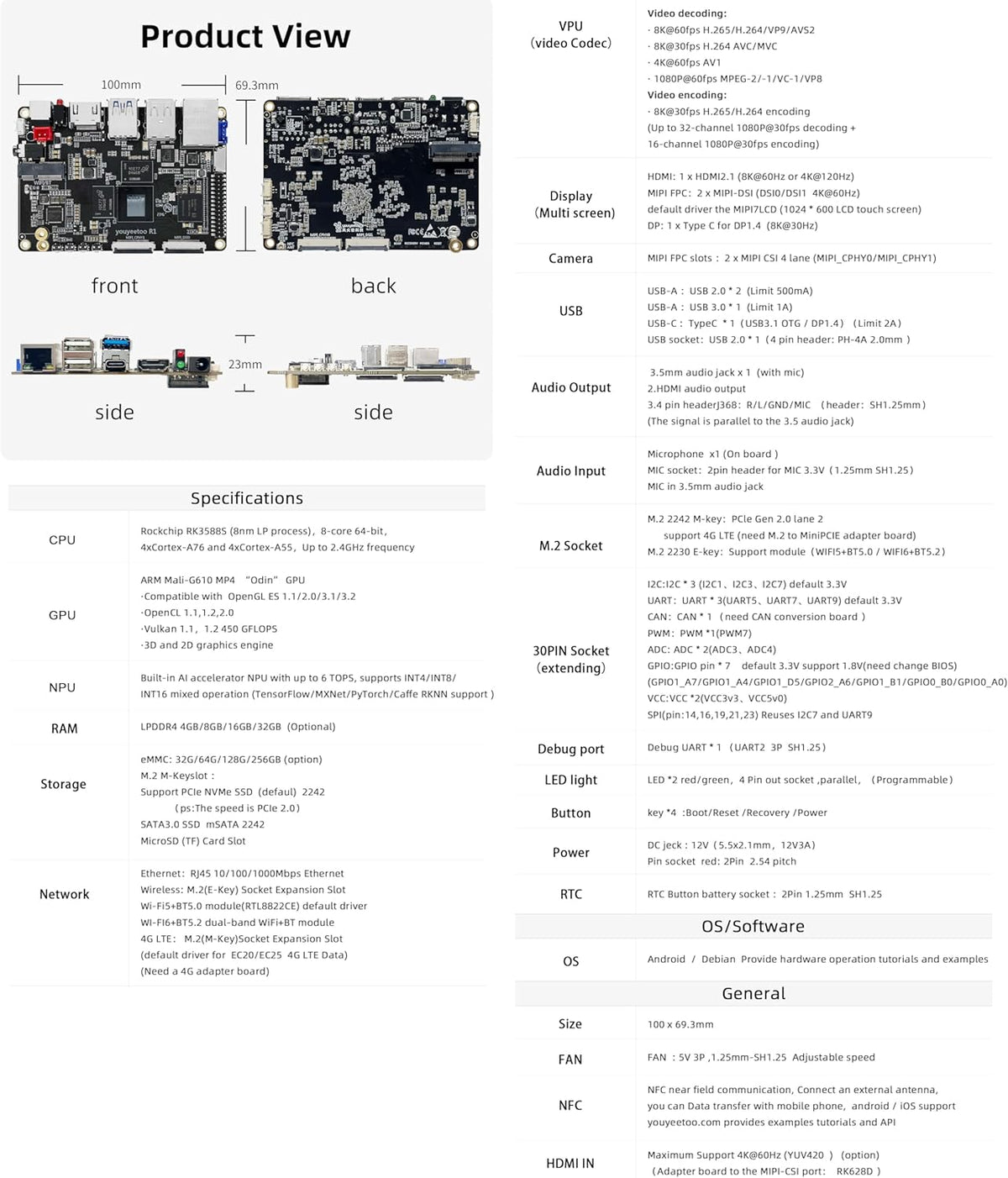 youyeetoo R1 Single Board Computer Basic Rockchip RK3588S -8K display, ondersteuning HDMI 2.1, SATA 3.0, PCIe 2.0 SSD, USB Host x5, NFC -AIoT/NAS -Android 13/Debian (4GB RAM + 32GB eMMC (WiFi Kit))