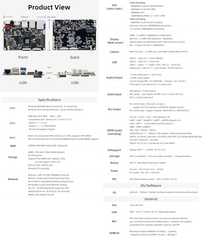 youyeetoo R1 Single Board Computer Basic Rockchip RK3588S -8K display, ondersteuning HDMI 2.1, SATA 3.0, PCIe 2.0 SSD, USB Host x5, NFC -AIoT/NAS -Android 13/Debian (4GB RAM + 32GB eMMC (WiFi Kit))