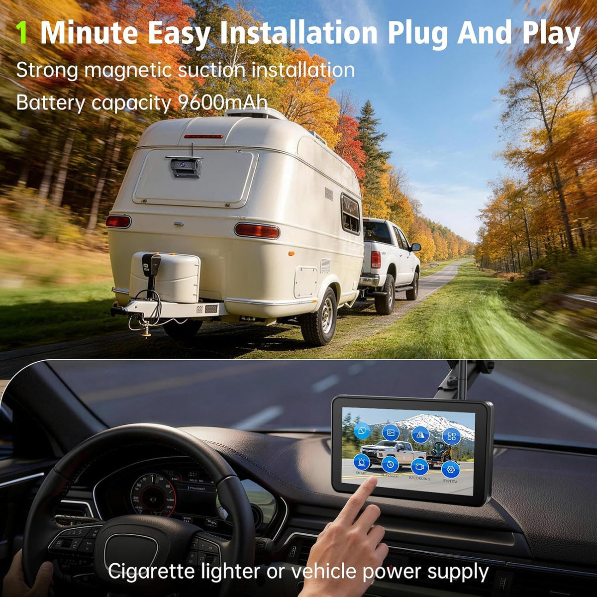 OBEST Draadloze achteruitrijcamera, magnetisch, met 9600 mAh accu, 7 inch touchscreen-monitor, ondersteunt tot 4 kanalen, IP69 waterdicht, doe-het-zelf installatie, voor caravan, vrachtwagen, auto