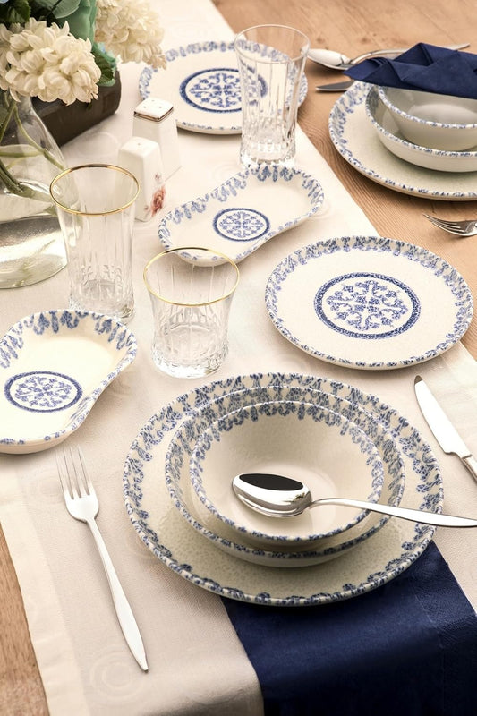 27-delige dinerset, 100% porselein, blauw en wit, inclusief serviesborden, kommen, dessertborden, vaatwasser- en magnetronbestendig, elegante eetervaring
