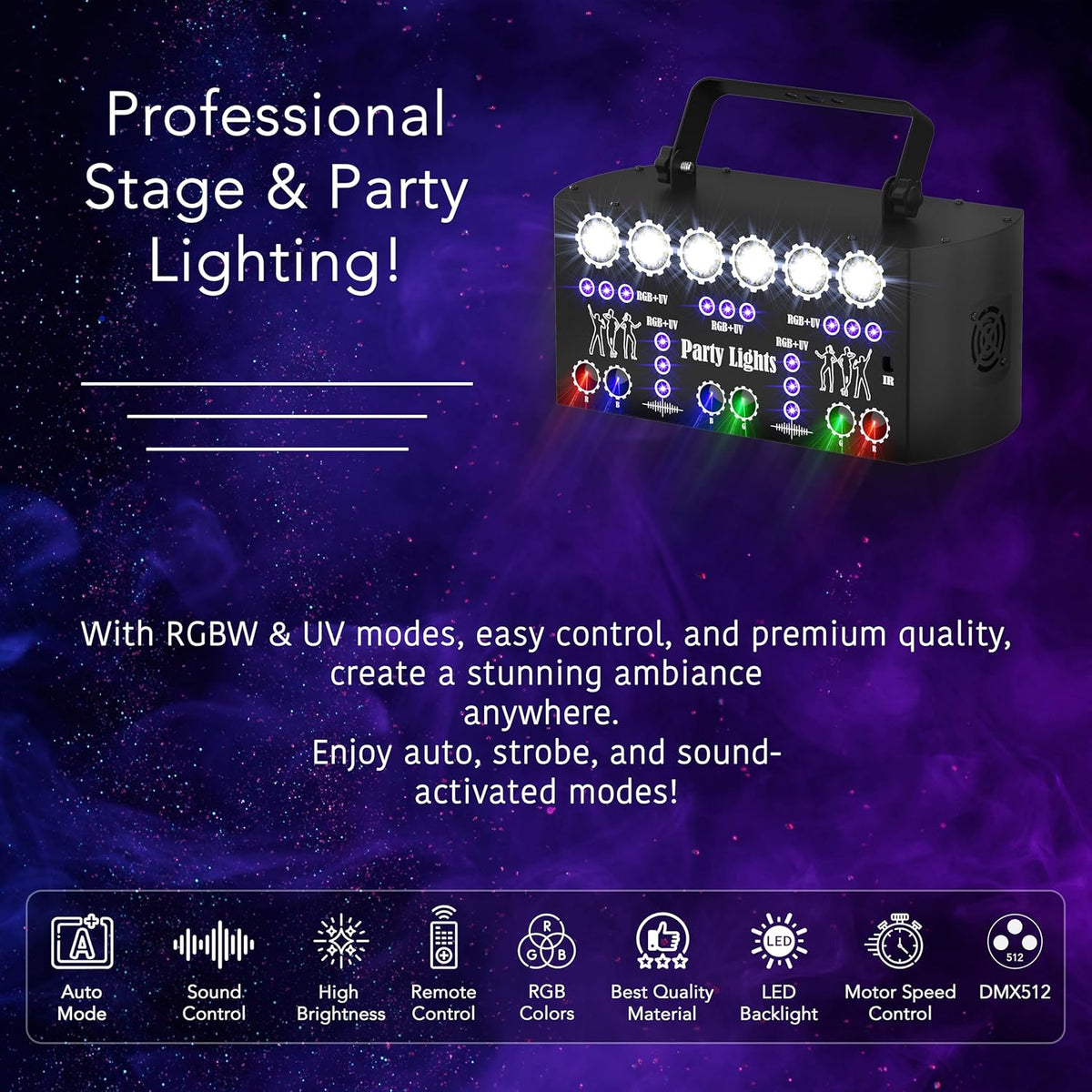 Miralin Disco Lichten voor Feesten – DJ Disco Licht met Geluidsactivatie, RGB & UV Stroboscooplamp met DMX-controller voor Huisfeesten, Bars, Raves en Clubshows