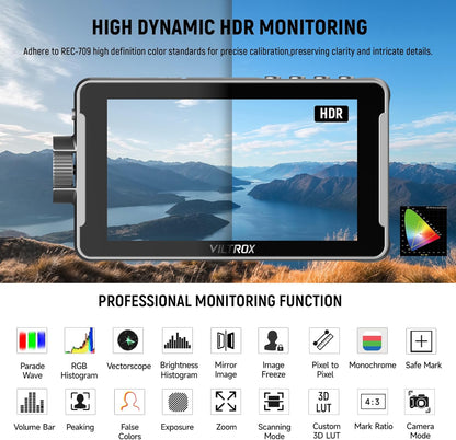 VILTROX DC-550 Pro 5,5 inch cameraveldmonitor, 4K HDMI-touchscreen DSLR-cameramonitor met batterijzonnekap, 1200 Nits 3D Lut 1920X1080 HD Focus Peaking Assist op cameravideomonitor