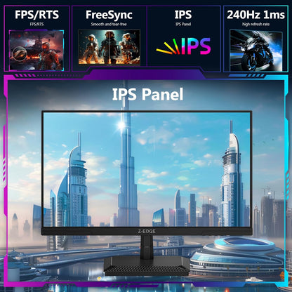 Z-Edge Gaming Monitor 25'' 240Hz, IPS Panel, 1ms MPRT, FHD 1080P, FreeSync, LED Gaming Monitor, Adjustable Tilt, HDMI2.0 & DP1.4, VESA 100 * 100mm (HDMI Cable Included)