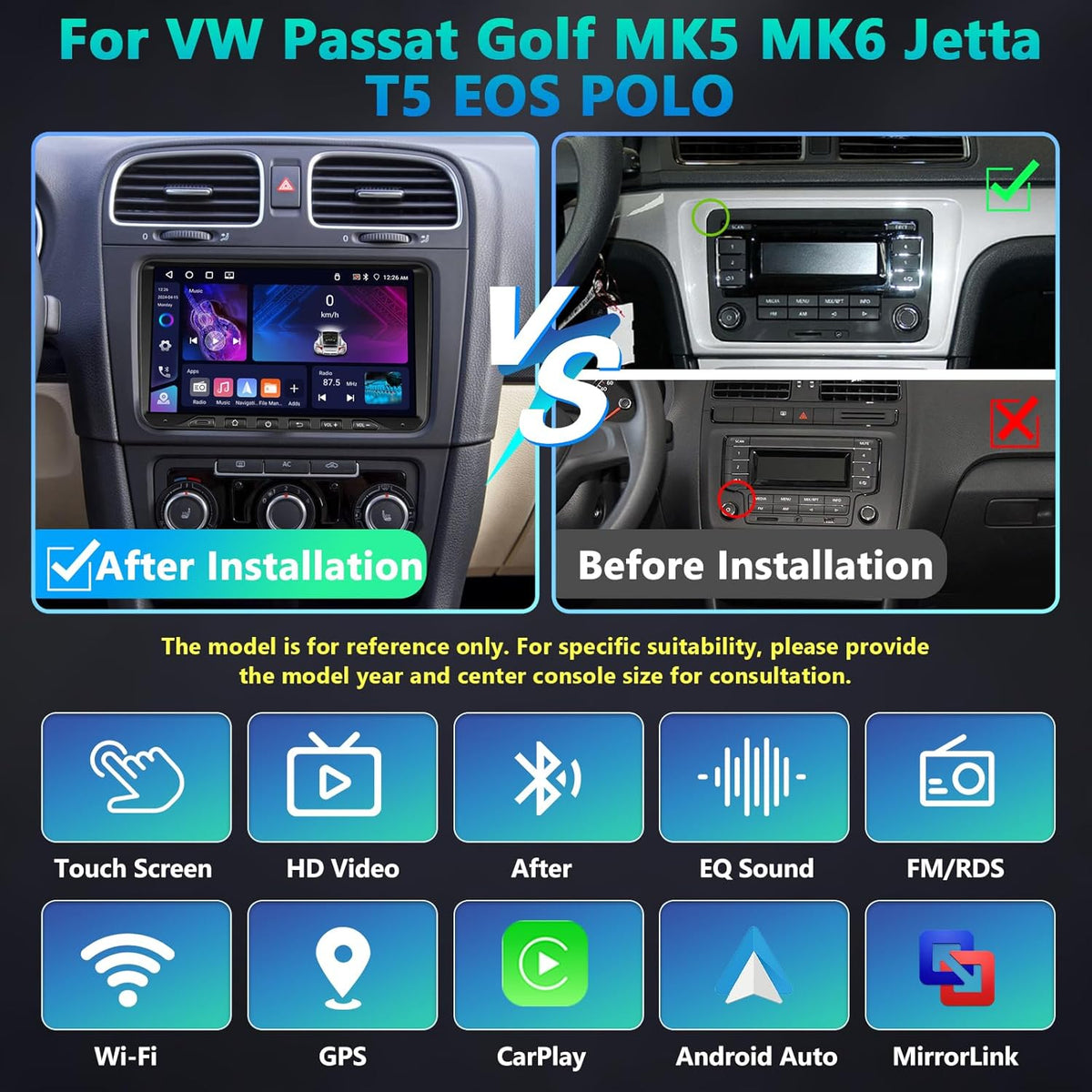 4+64G Android Auto Stereo Auto für VW Golf Tiguan T0uran Passat Polo Seat mit Kabellosem Carplay, Motorsi Touchscreen con GPS Navigation/WiFi/FM/RDS/SWC/Canbus/Bluetooth/EQ