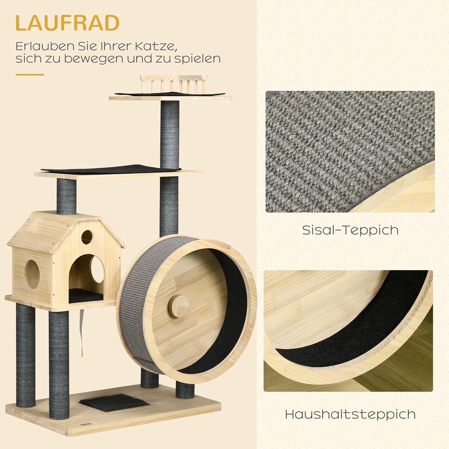 PawHut cat tree with running wheel, 4 storey scratching tree, cat house with sisal posts, cat cave, solid wood, 80 x 40 x 148 cm - QUORE
