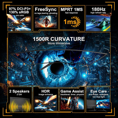 Minifire 24-inch gebogen gamingmonitor 180Hz, ingebouwde luidspreker, FHD 1920x1080, Crosshair 1ms, sRGB130%, HDR, 1500R, FreeSync, 300cd/m², frameloos, HDMI&DP-poorten, VESA-compatibel, oogzorg
