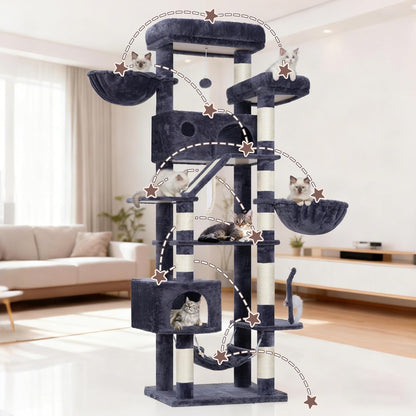 Krabpaal groot, kattenboom, grote katten, stabiel voor binnen, 200 cm, kattenkrabpaal met ruime platforms, kattenholen, hangmat, sisalzuilen, rookgrijs GCT031G