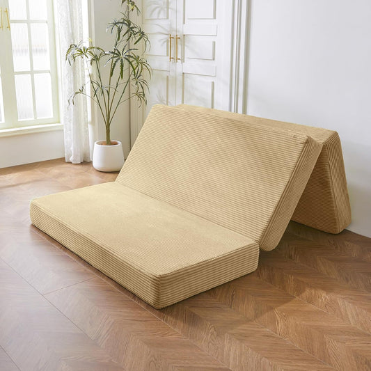 MAXYOYO Opvouwbare cordmatras, drievoud opgevouwen vloermatras dik, met wasbare overtrek, ruimtebesparend voor gasten (Kameel, 135x190cm-10cm)