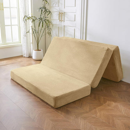 MAXYOYO Opvouwbare corduroy matras, 10 cm dik, drievoudig vloermatras met wasbare overtrek, drievoudig opvouwbaar, ruimtebesparende gastenmatras (camel, king)