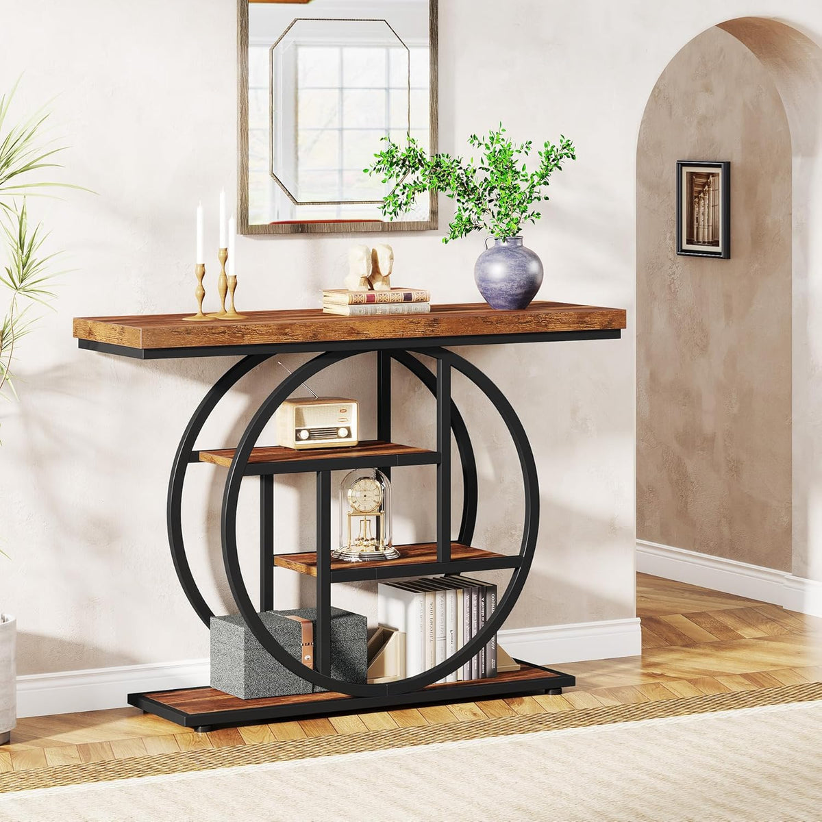 Tribesigns Console Table 105cm with 4 Levels, Narrow Industrial Sofa Table with Round Metal Frame, Wooden Entrance Table with Storage Racks for Living Room (Rustic Brown) - QUORE
