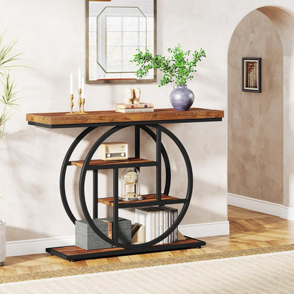 Tribesigns Console Table 105cm with 4 Levels, Narrow Industrial Sofa Table with Round Metal Frame, Wooden Entrance Table with Storage Racks for Living Room (Rustic Brown) - QUORE