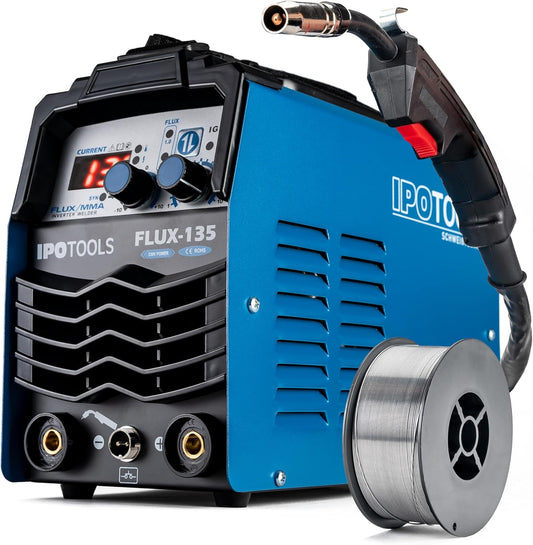 IPOTOOLS FLUX-135 vuldraad lasapparaat zonder gas 135A – 3-in-1 FLUX/ARC/MMA Inverter lasapparaat met synergische draadopvoer, IGBT, 230V, compact & draagbaar – 7 jaar garantie