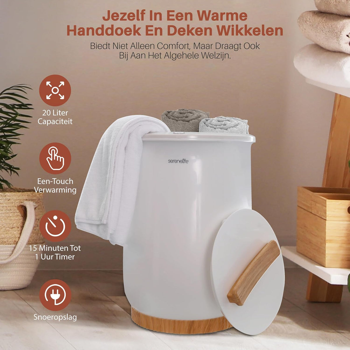 Serenelife Towel Warmer, Electric Bucket Towel Heater for Spa and Bathroom, With Portable Handle, Fits 2 Large Bath Towels/Bathrobes/Pajamas, Auto Shut Off Function, White - QUORE