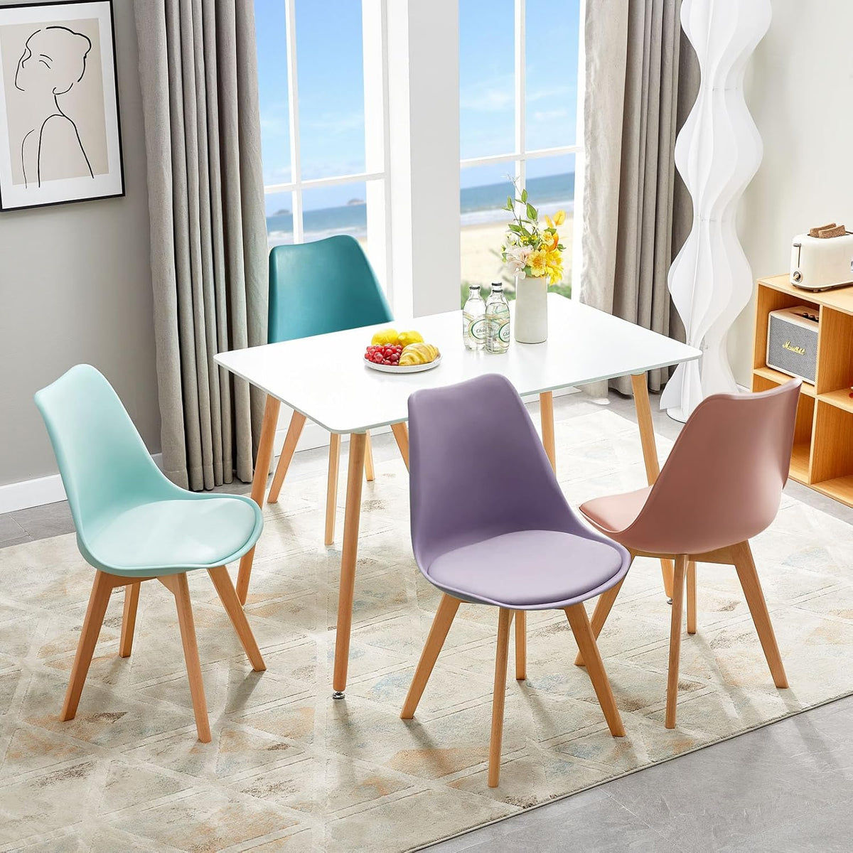 EGGREE Scandinavische eetkamerstoel, SGS-getest, gestoffeerde keukenstoel, retro-bureaustoel met poten van massief beukenhout, roze fumé + turquoise + mintgroen + paarsgrijs, set van 4 stoelen