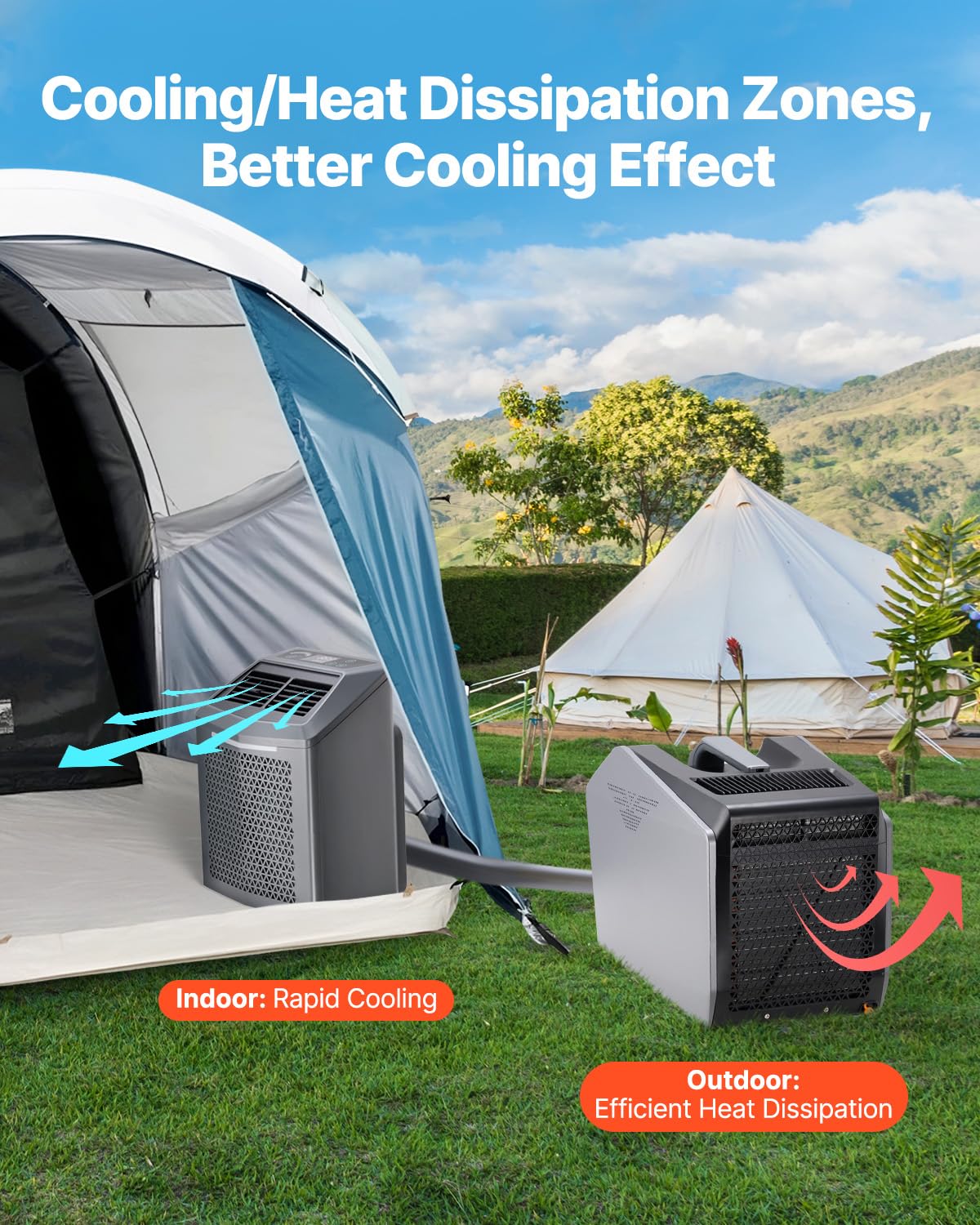 VEVOR Portable Air Conditioner, 1.46 kW·h, Air Cooler with 3 Speeds with 24 Hours Timer, Adjustable from 16-32°C, AC/DC Compatible for Outdoor Tent, Motorhome, Grey - QUORE