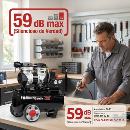 Luchtcompressor – Compressor – Persluchtapparaat – Pomp – Spuitmachine – Stil Geluidsniveau 59 dB – 25 Liter Tank – 1,5 PK Motor – Max 8 Bar Druk – Olievrij Onderhoudsvrij
