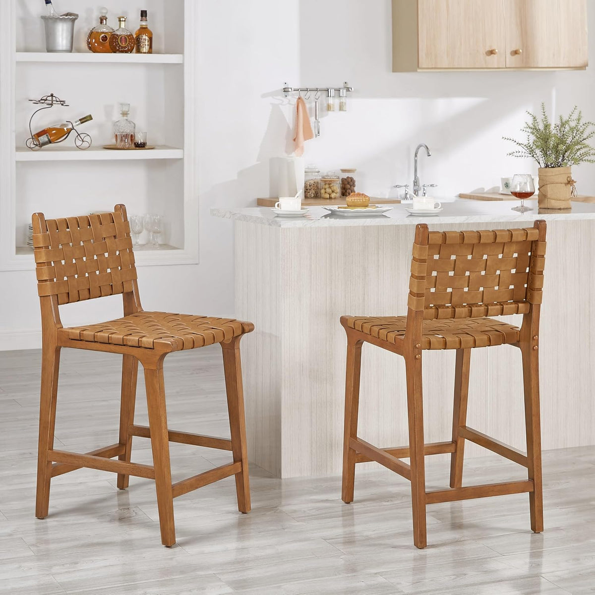 Ball & Cast PU lederen geweven tegenkruk, houten frame keuken eiland barkruk met voetsteun, rugleuning geweven kruk-stoel voor dineren, bruin