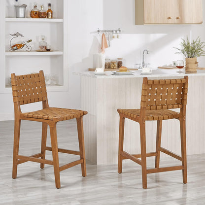 Ball & Cast PU lederen geweven tegenkruk, houten frame keuken eiland barkruk met voetsteun, rugleuning geweven kruk-stoel voor dineren, bruin
