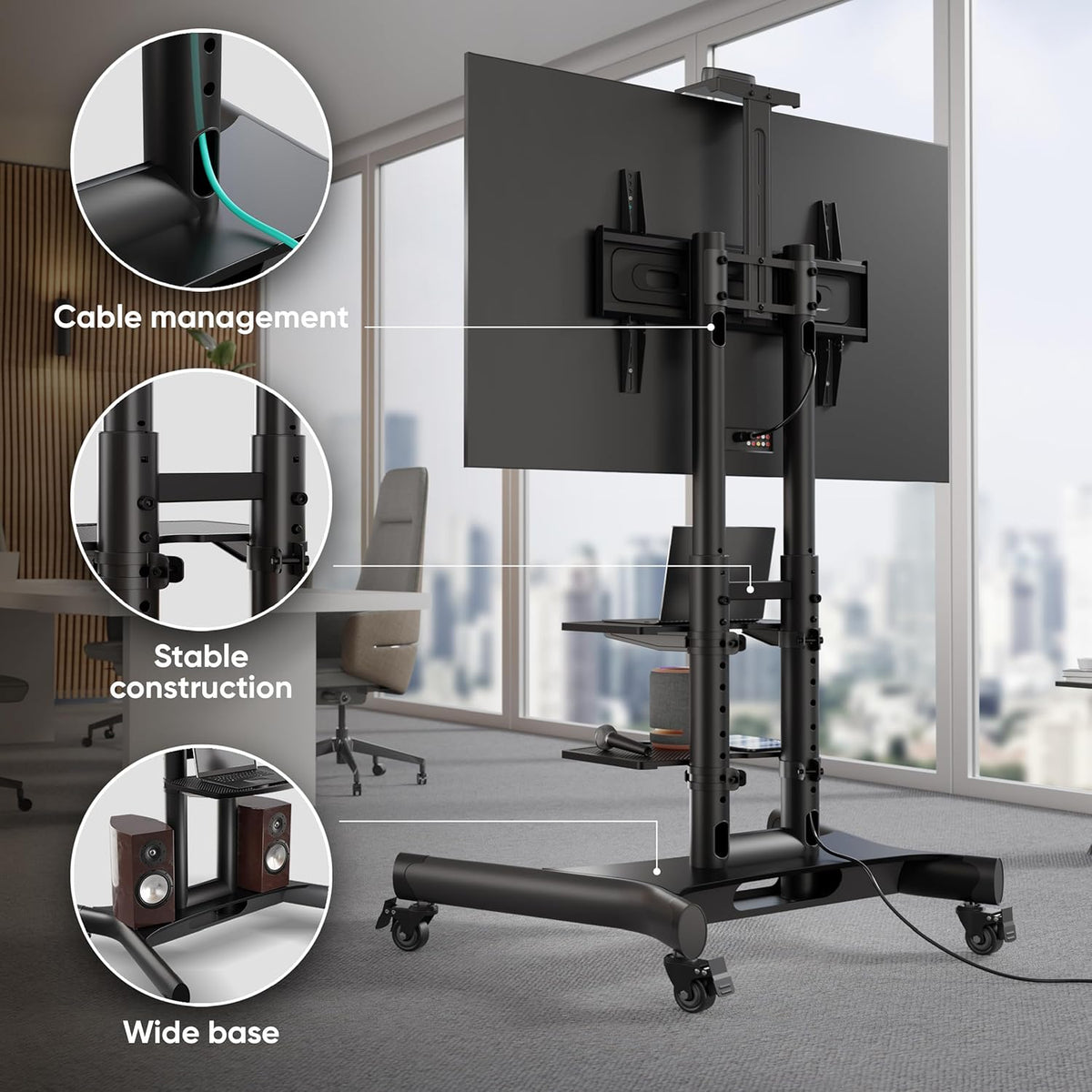 Mobiele TV Standaard Op Wielen Zwart – Verrijdbare Tv-standaard – Tv Beugel Op Wielen – Tv Vloerstandaard – Televisie Meubel Verrijdbaar – Geschikt Voor 40-70 Inch En 45,5 Kg – VESA 100x100 Tot 600x400 Mm