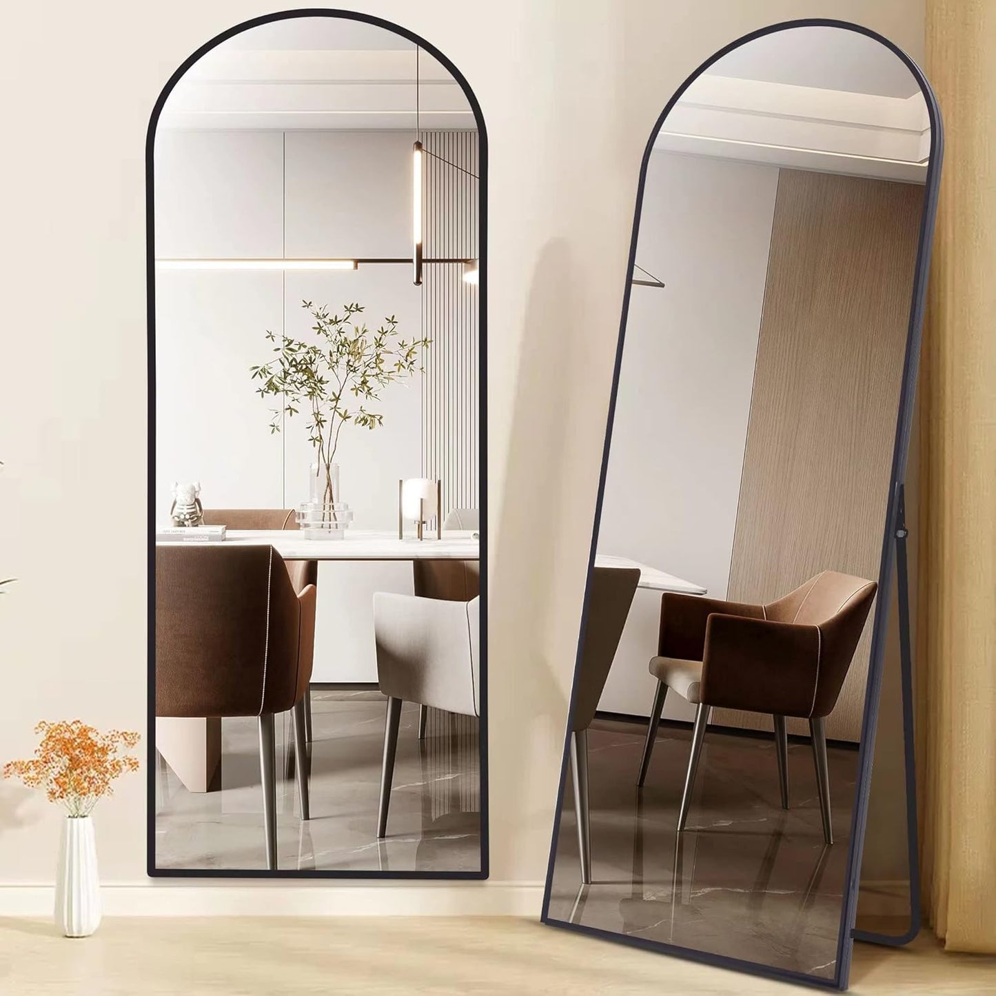 COFENY Boog full-body spiegel, 179 x 65 cm vloerspiegel met zwart frame, gewelfde staande spiegel, grote wandspiegel om te staan, leunen of hangen, vloerspiegel voor slaapkamer, woonkamer