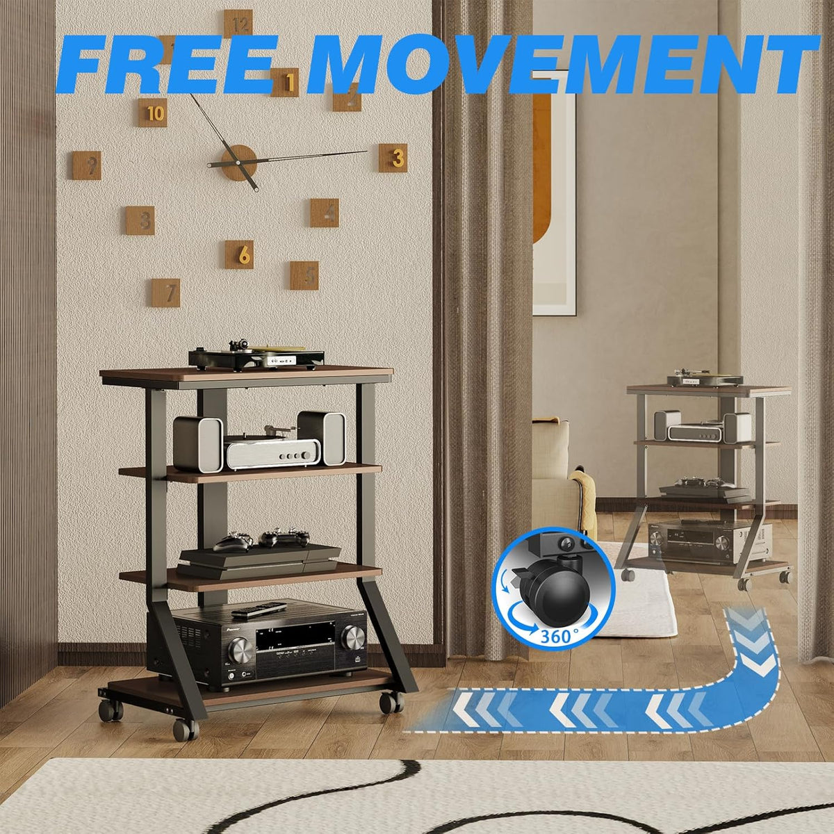 HiFi-rek – Audiorek – Mediameubel – AV-plank – Entertainmentstandaard – 4 niveaus – 8 mm planken, zwenkwielen met vergrendeling