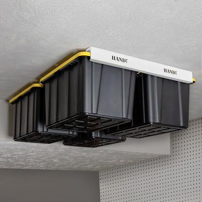 HANDT Overhead Garage Opbergrek, Plafond Tote Bin Organisatie Rails Rekken Systeem, Heavy Duty Opknoping Metalen Rek Systemen voor 27 Gallon Container, Ondersteunt de meeste andere Bakken, 4 Sets Wit