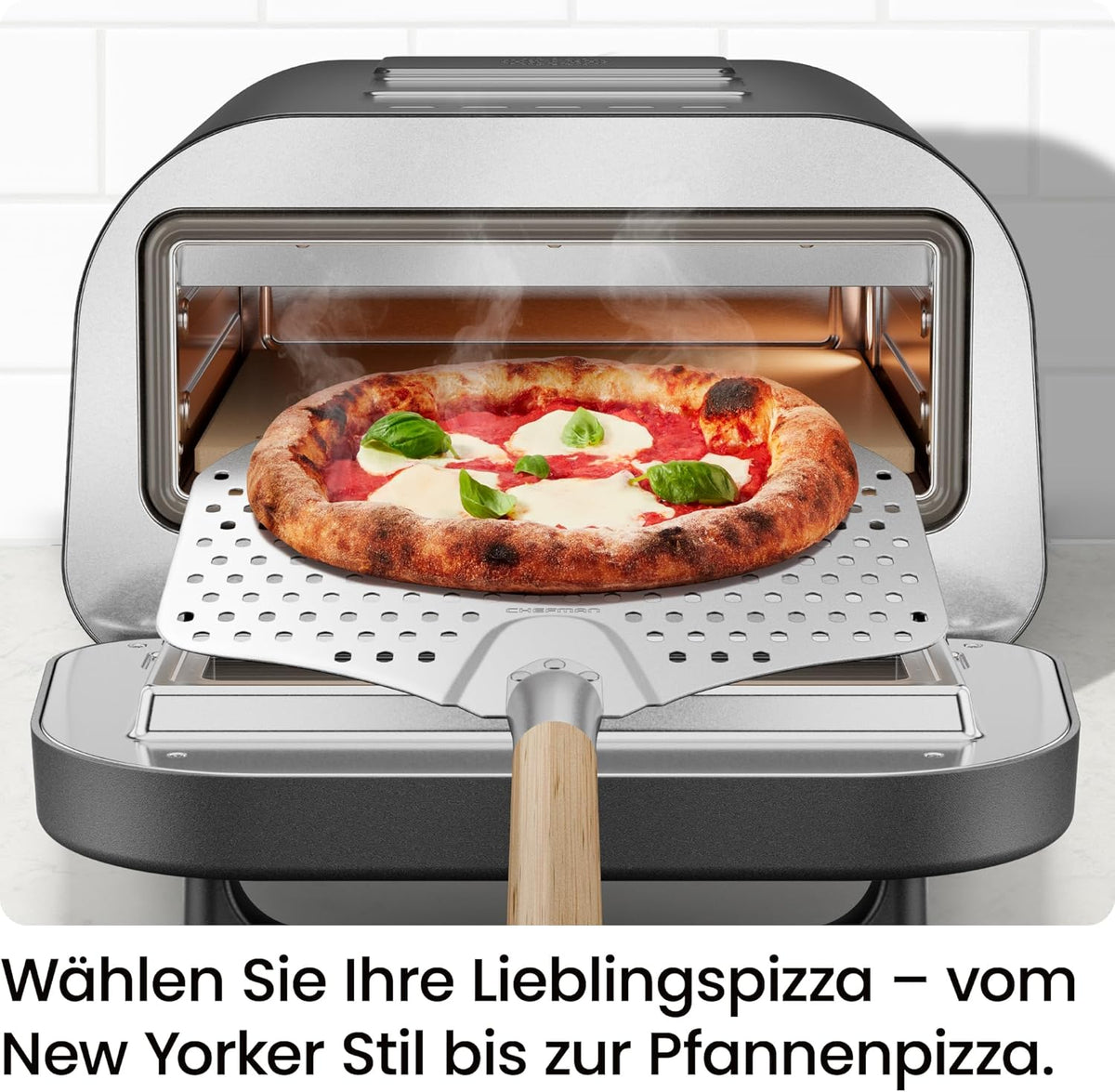 CHEFMAN Elektrische pizzaoven voor binnen en buiten, draagbare pizzaoven 30 cm voor Napolitaans, New Yorker, fijne korst en braadpan, pizzasteen en schilschijf, zwart